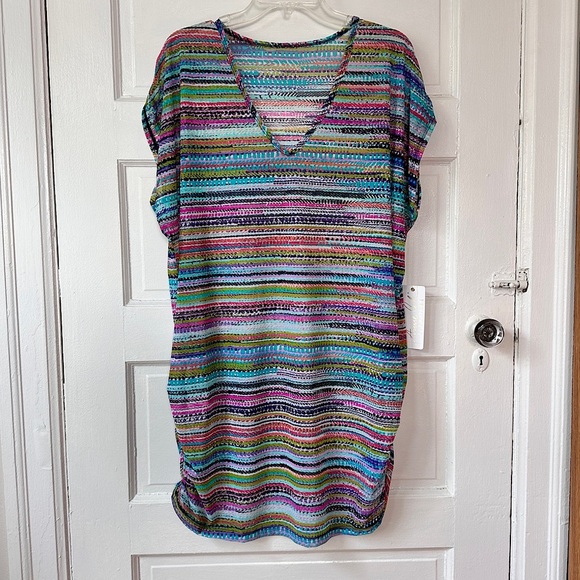 Anne Cole V-Neck Mesh Tunic Swimsuit Coverup Colorful Stripes Ruched Sides NWT - Picture 9 of 14